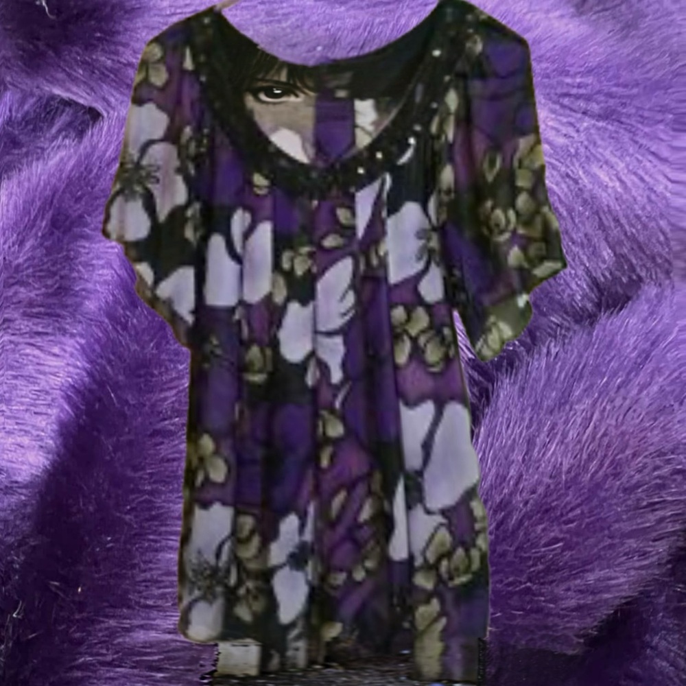 New York & Company Purple Sheer Floral Tunic